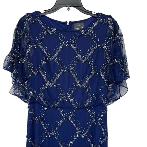 NWT Adrianna Papell | Hand Beaded Blouson Long Gown Flutter Sleeves Navy Blue 2 - Picture 6 of 8